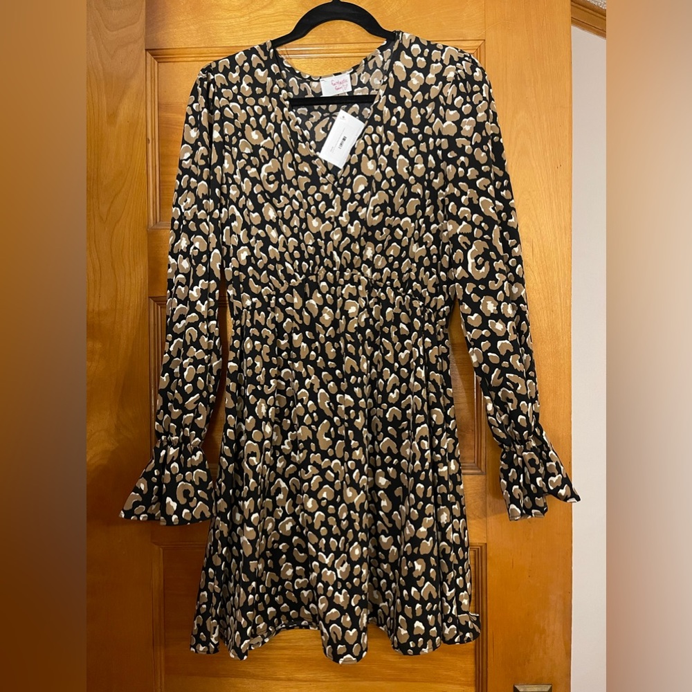 Fantastic Fawn animal print mini dress with balloon sleeves size L